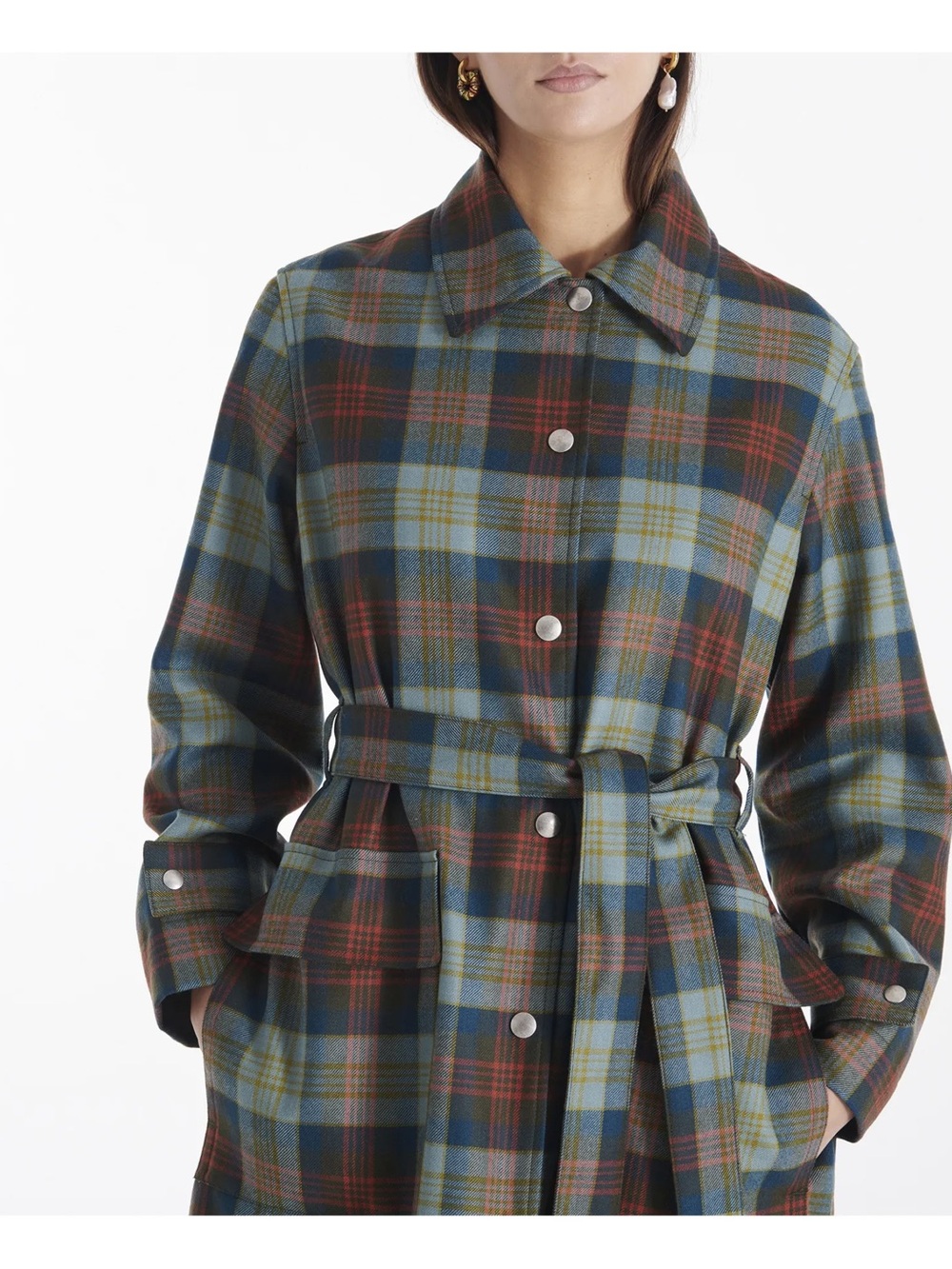 A.P.C. Plaid Belted Trench in Blue, Green and Brown / Angela Wool Coat